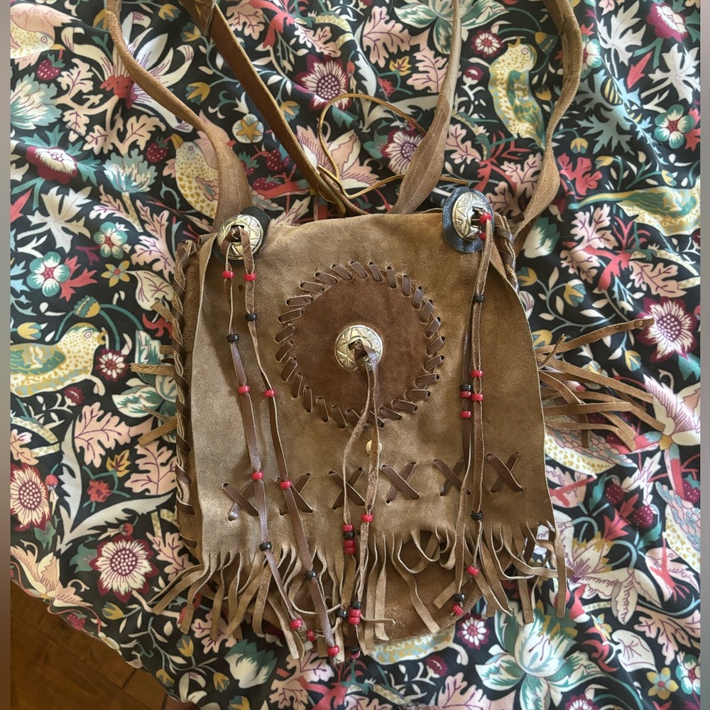 Vintage leather handmade crossbody purse with fringe